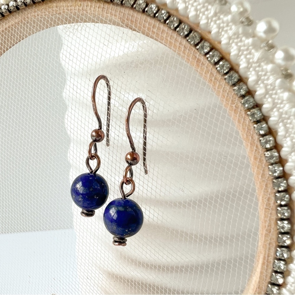 Blue Lapis Beaded Wire Wrap Copper Minimalist Earrings - Picture 11 of 11